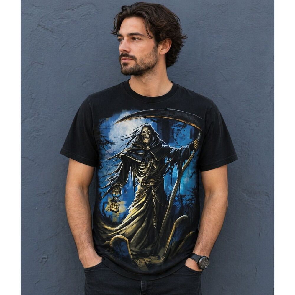 Vintage Y2K Goth Grunge Grim Reaper Graveyard Skeleton Horror Graphic Small NEW